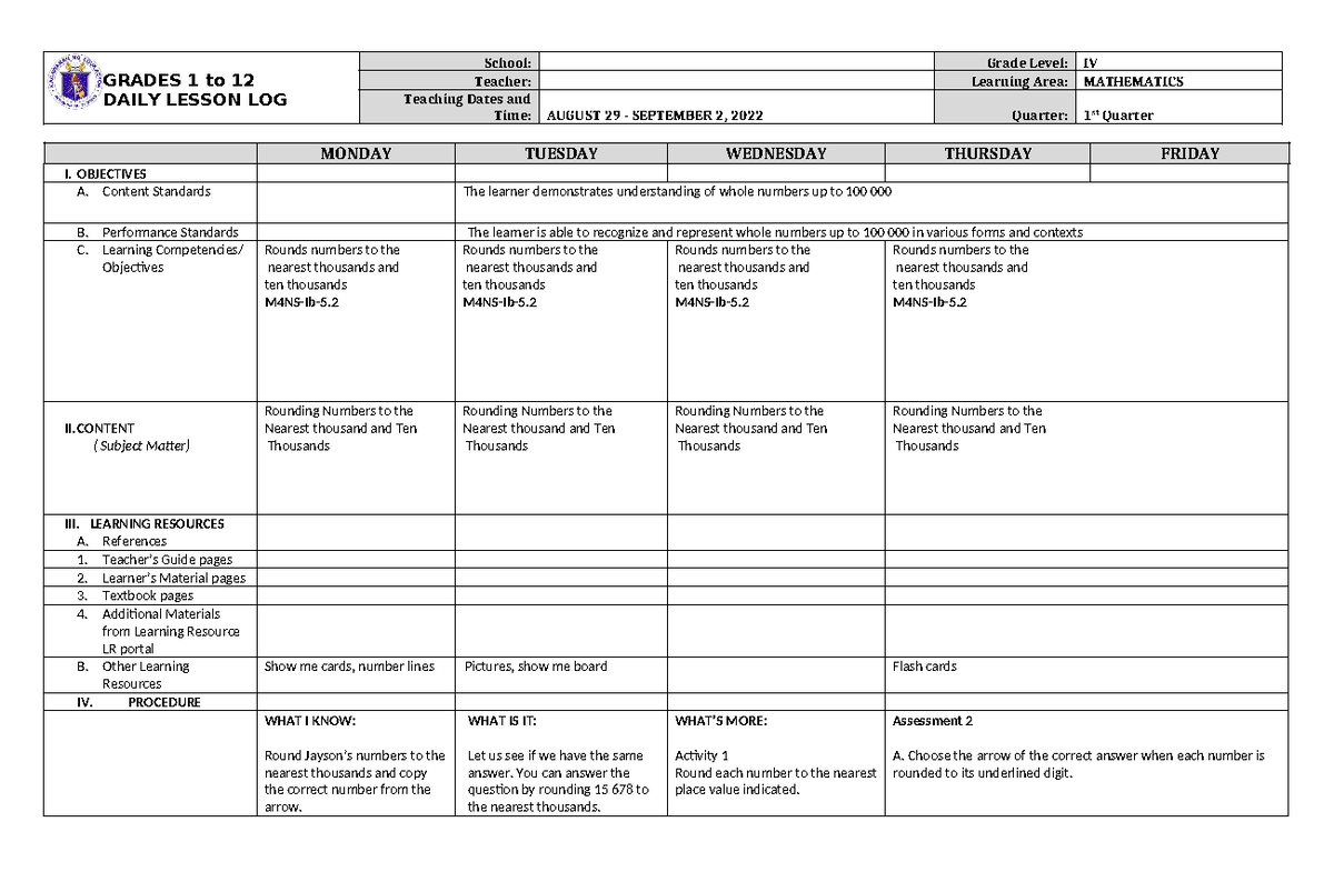 DLL Mathematics 4 Q1 W2 - DLL - GRADES 1 to 12 DAILY LESSON LOG School ...