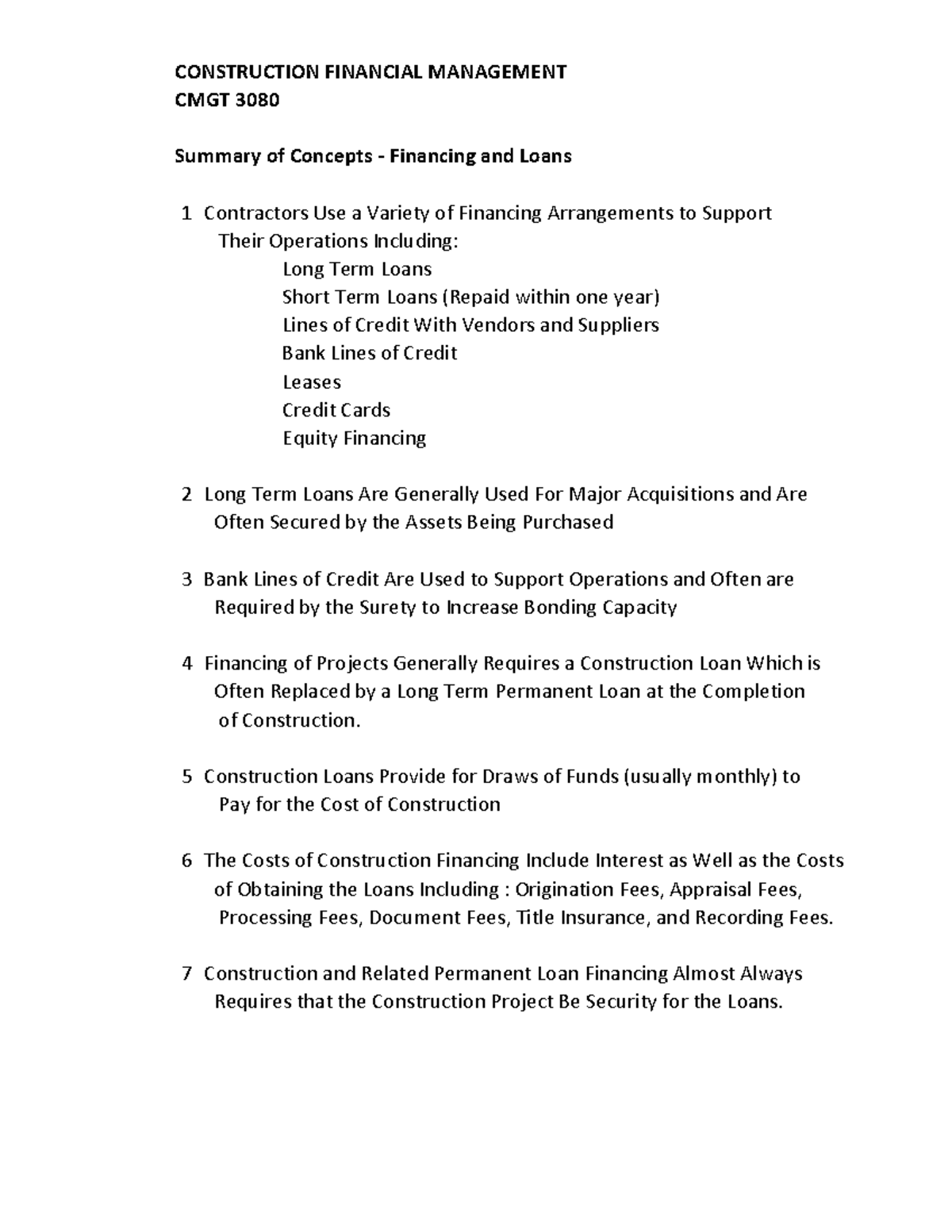 concept summary financing arrangements cmgt 3080 uvu short term loan document