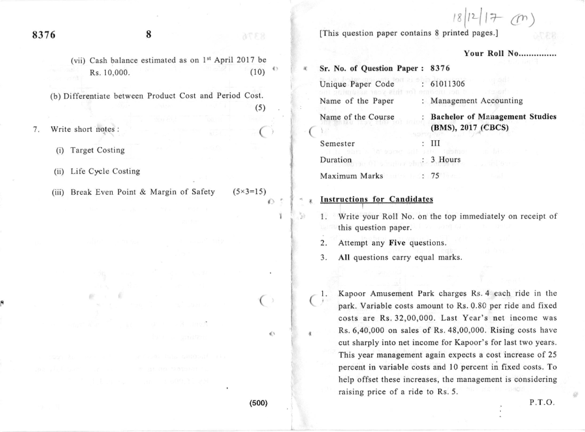 BMS - Management Accounting Semester 3rd - rslt,lt+- ah) 83 76 8 [This ...