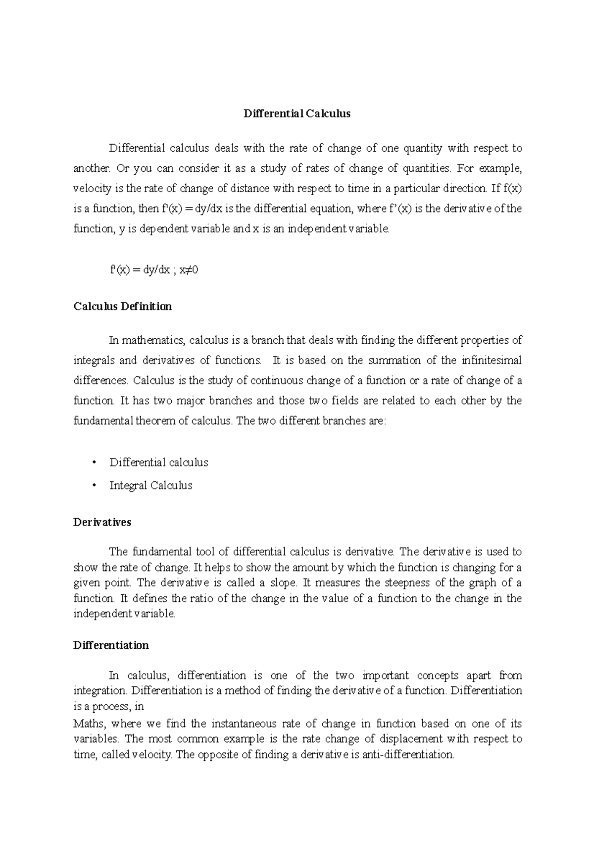 Differential Calculus - Differential Calculus Differential calculus ...