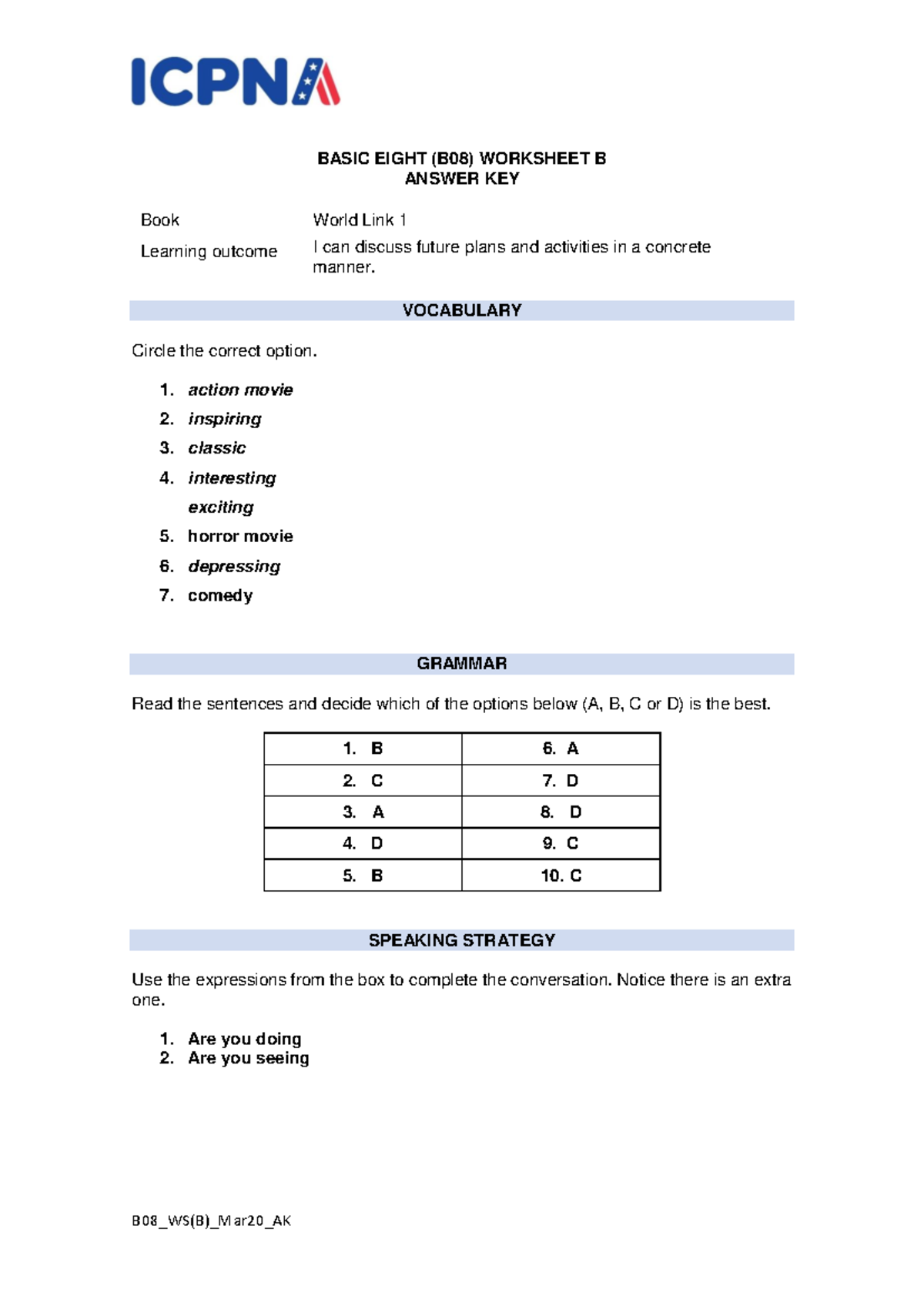 B08 WS B - Answer Key - B08_WS(B)_Mar20_AK BASIC EIGHT (B08) WORKSHEET ...