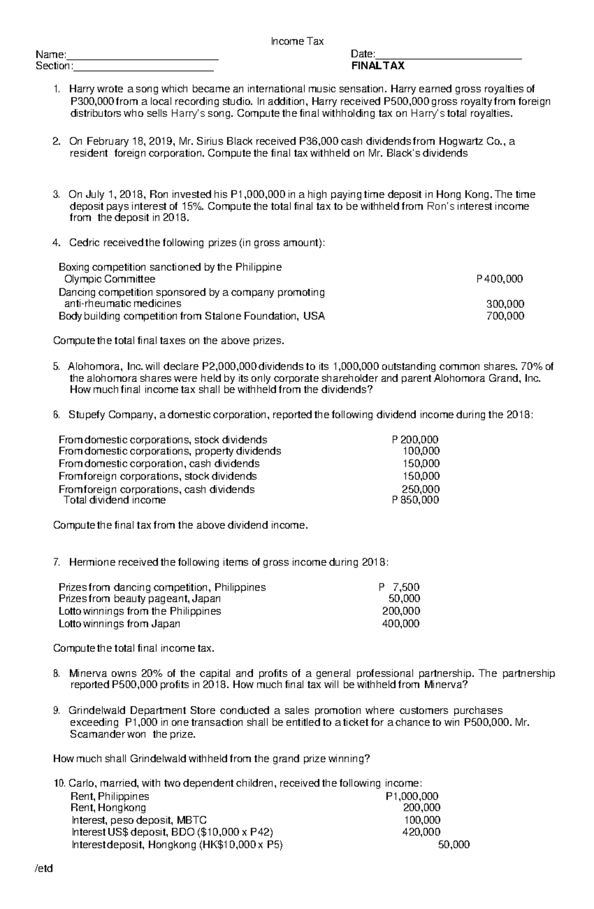 Final Income Taxation Practice - Income Tax Name ...