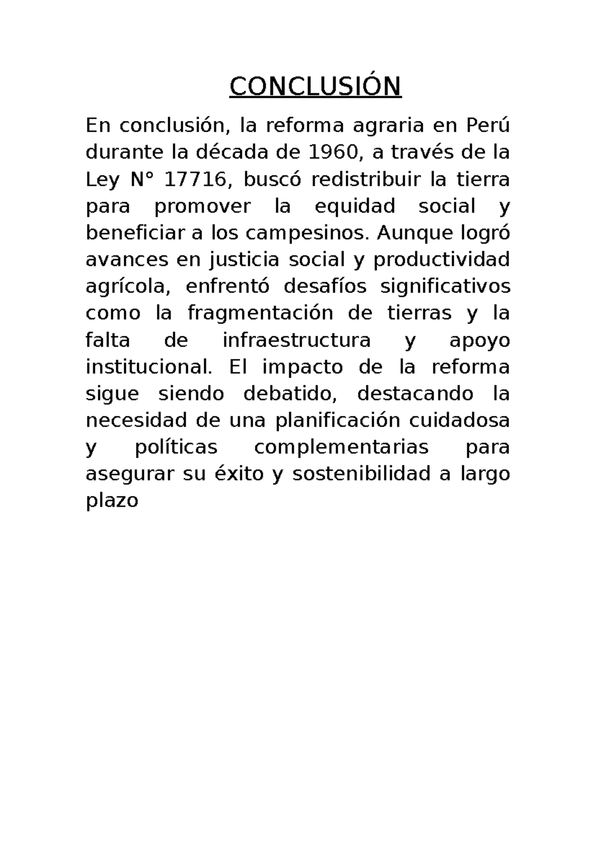 Modificadp - CONCLUSIÓN En conclusión, la reforma agraria en Perú ...