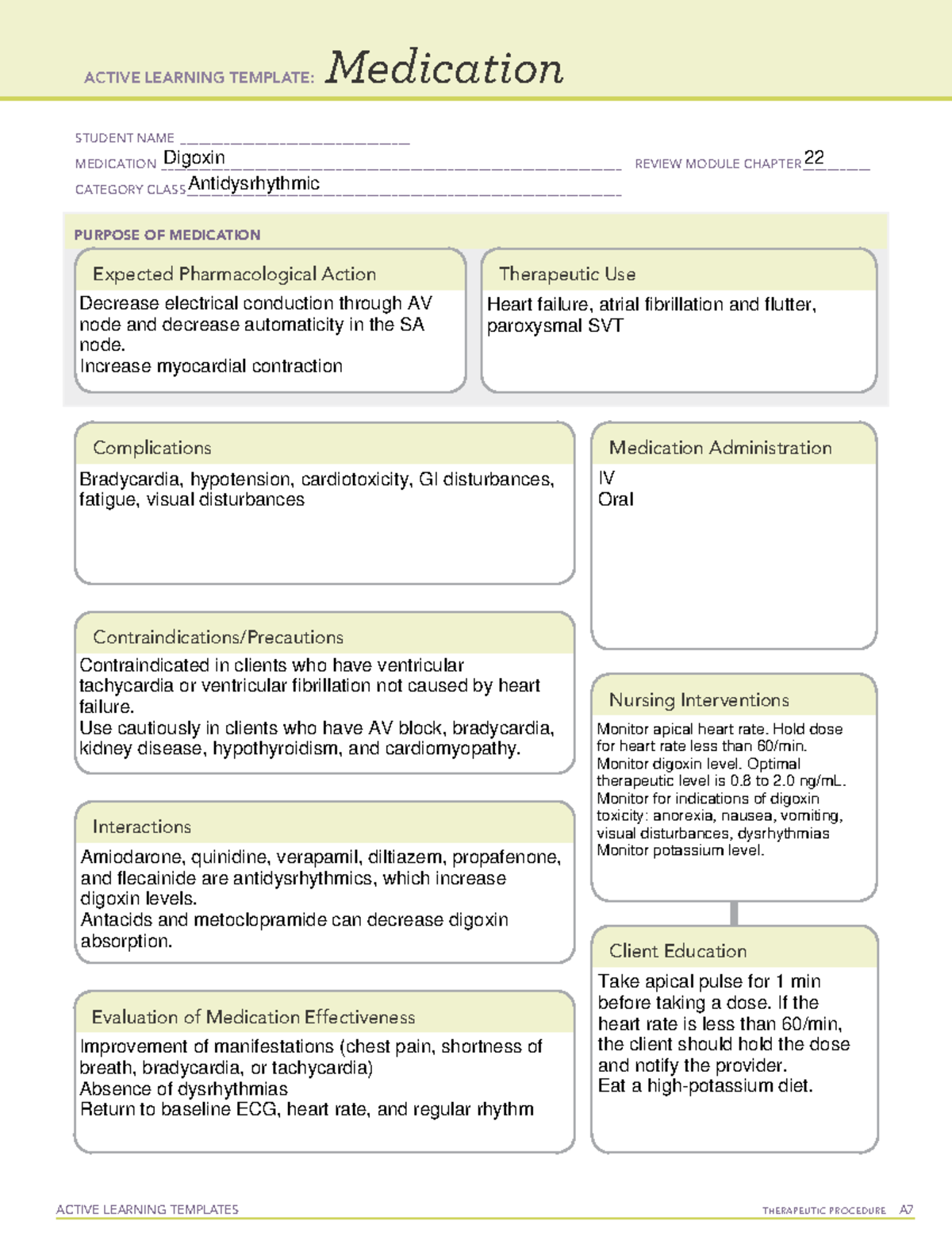 Medication Template Digoxin - Active Learning Templates Therapeutic 