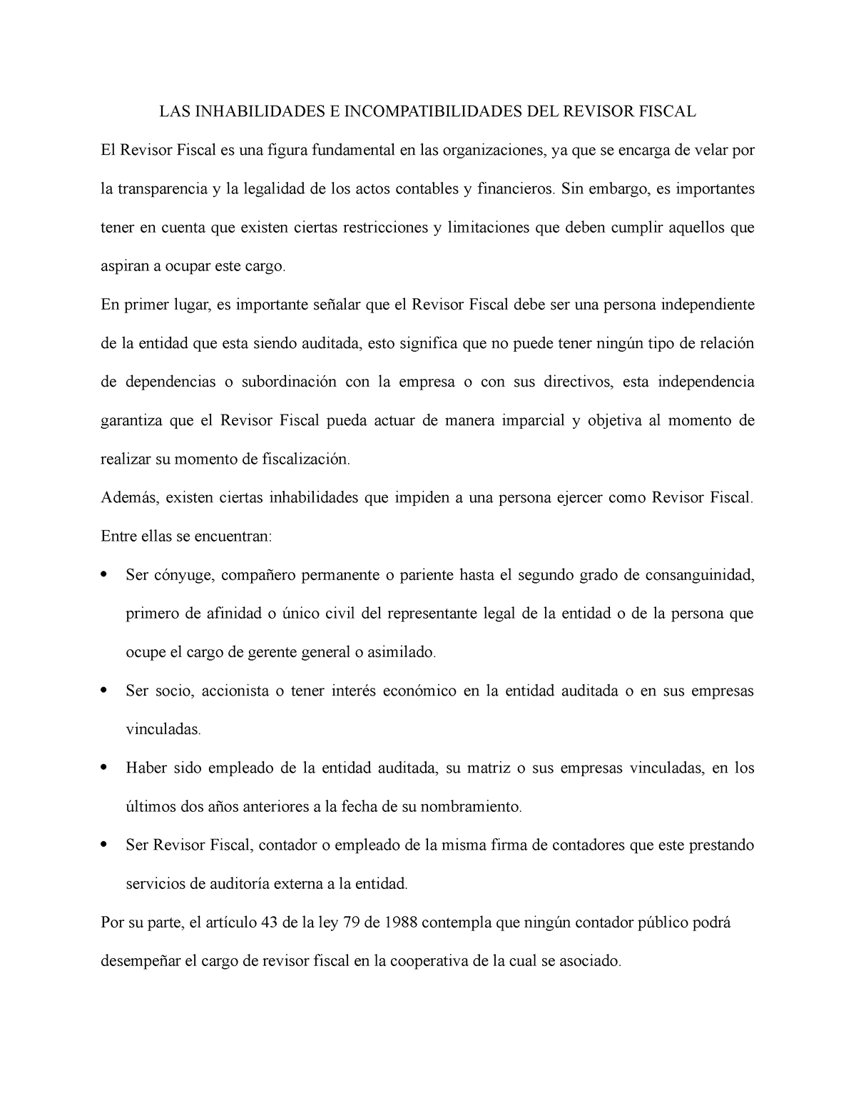 Las Inhabilidades E Incompatibilidades Del Revisor Fiscal Las