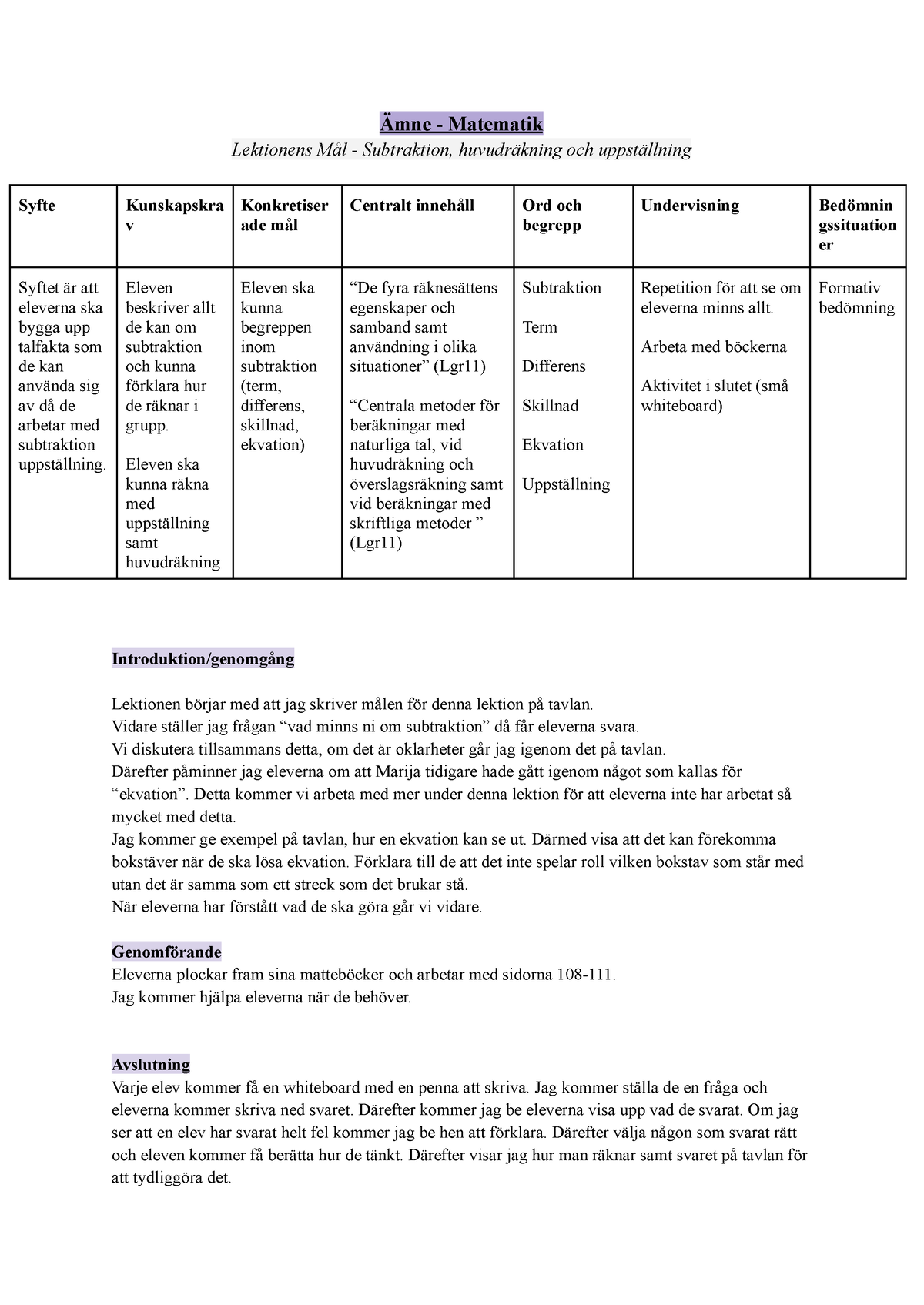 Ämne - Matematik - Dokumentet Innehåller En Undervisnings Planering Som ...