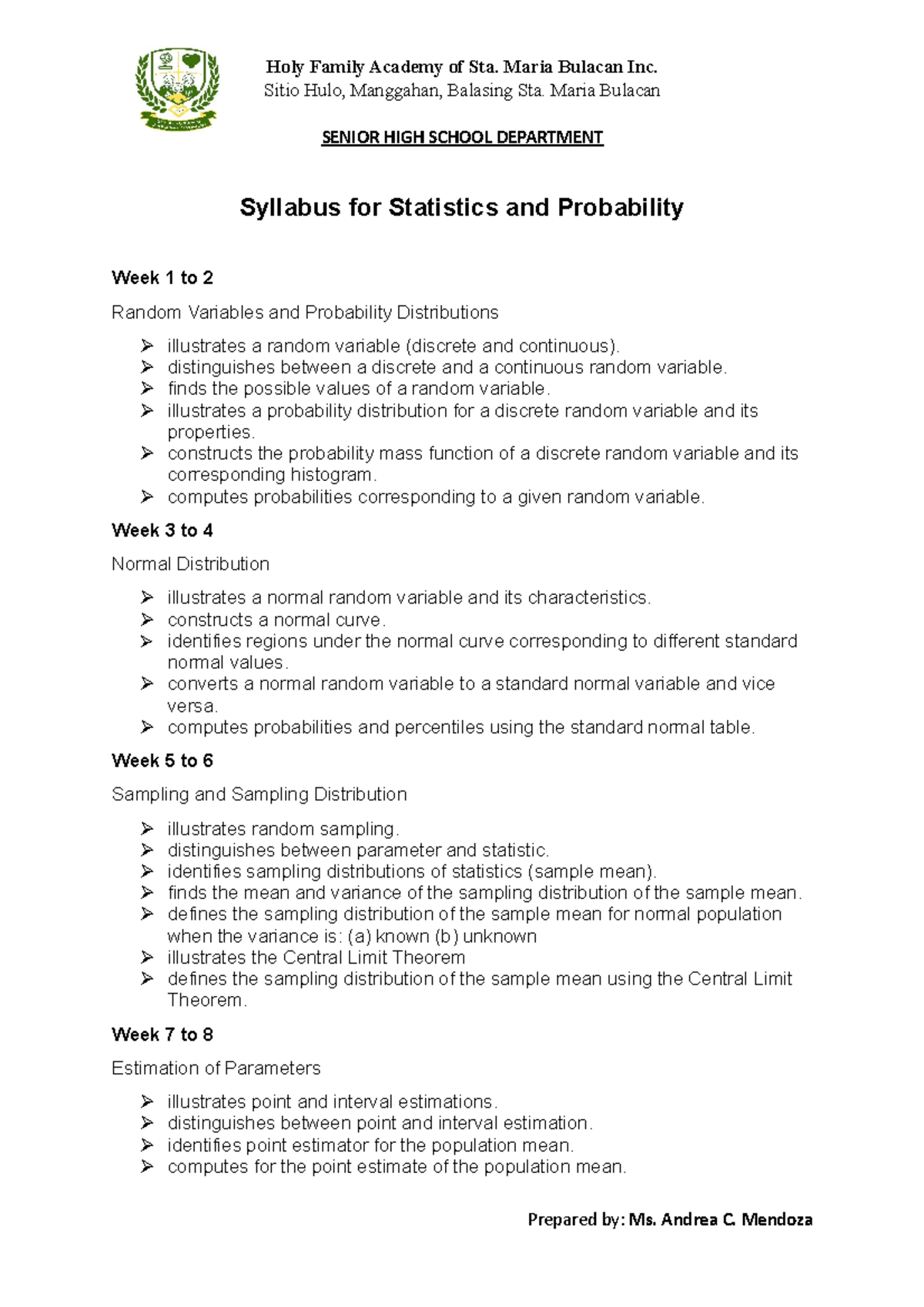 Syllabus for Statistics and Probability - Holy Family Academy of Sta ...