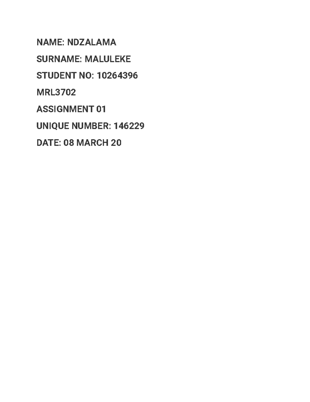 Mrl3702 Assignment 1 Name Ndzalama Surname Maluleke Student No