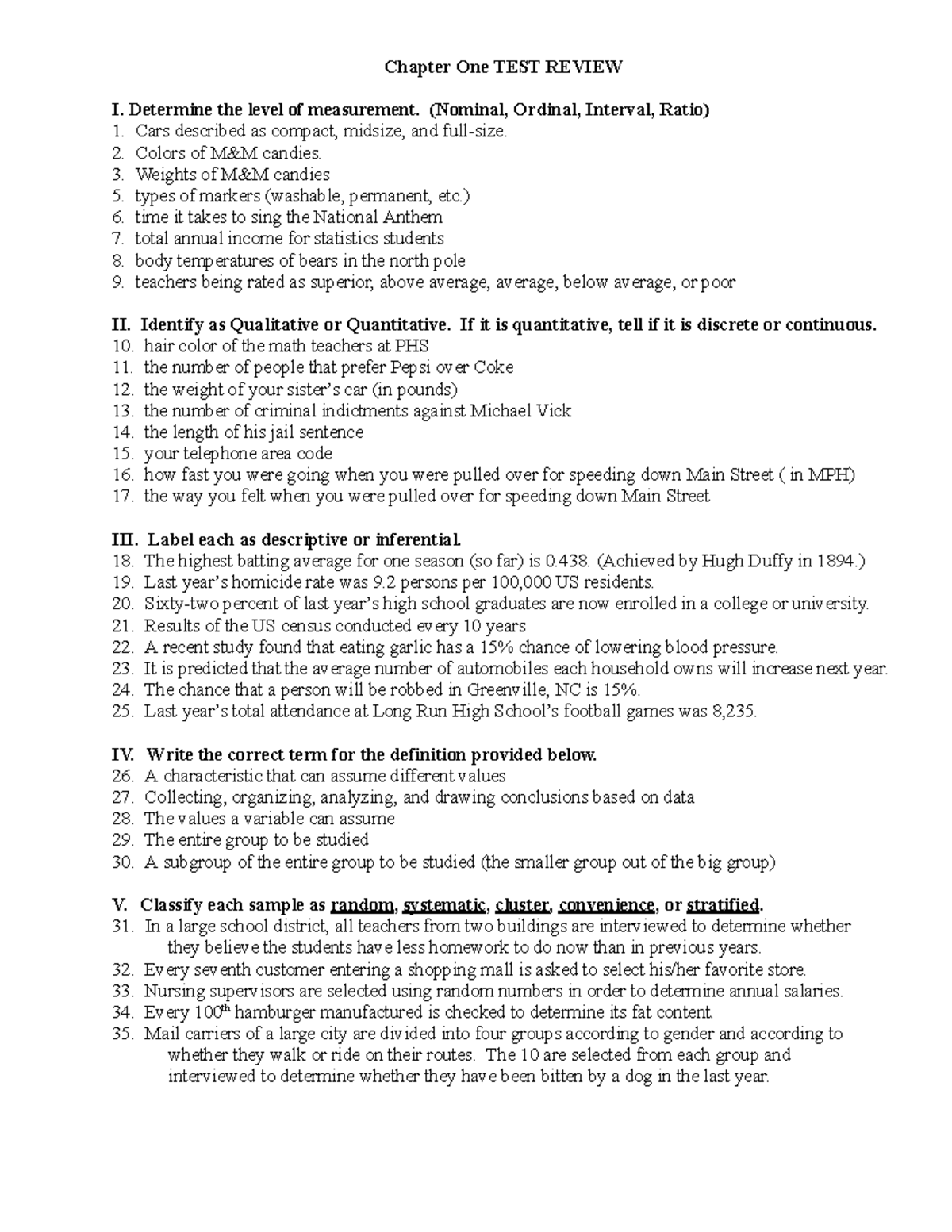 Day 3 test 1 review sheet - Chapter One TEST REVIEW I. Determine the ...