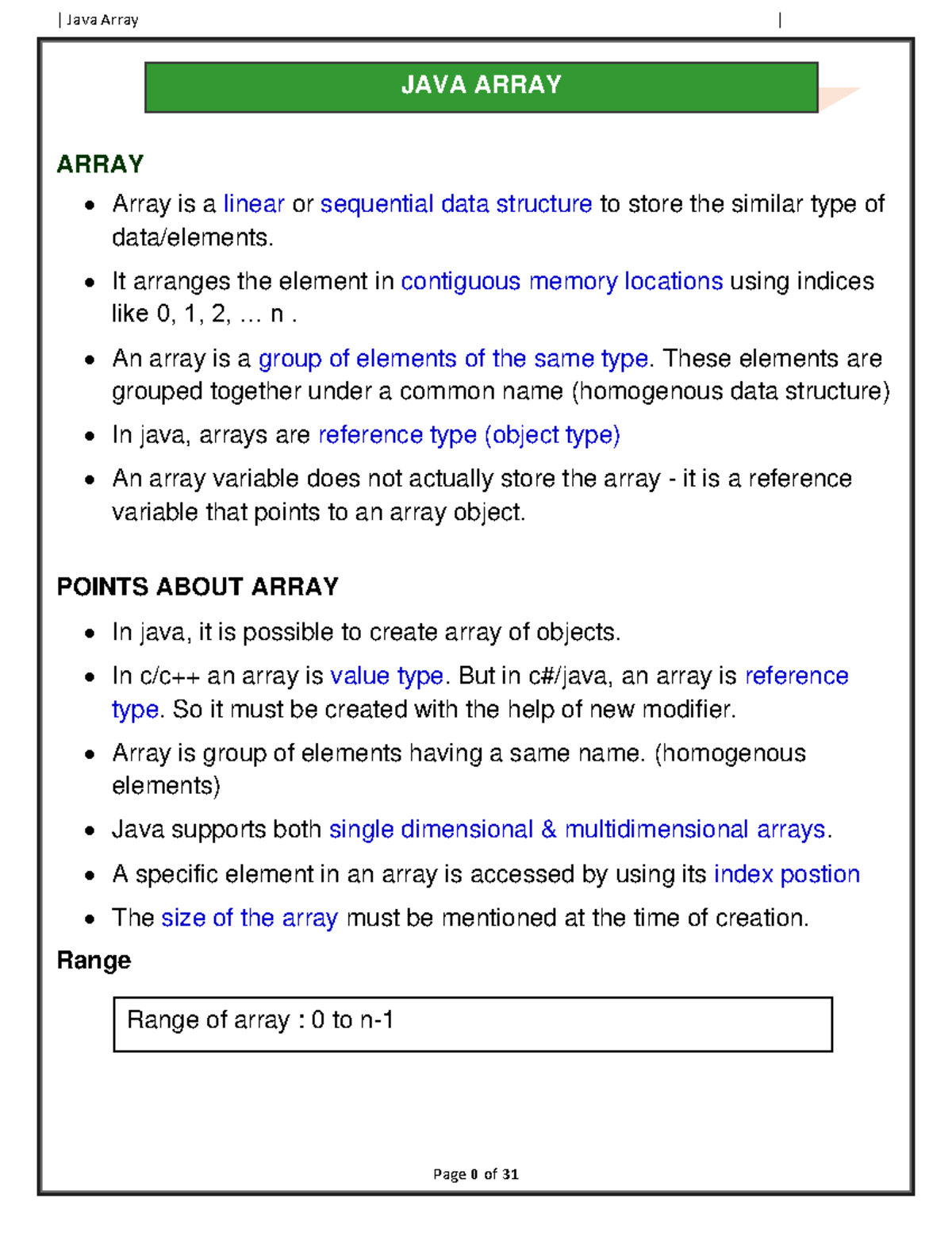 Java Array SN - | Java Array | Page 0 of 31 ARRAY Array is a linear or ...