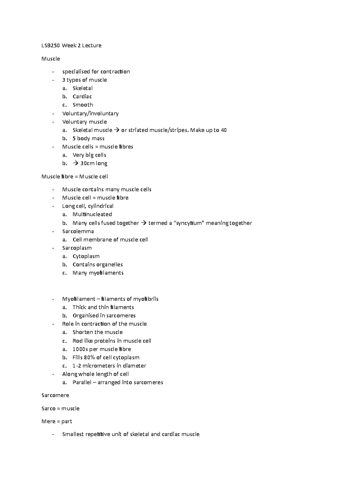 2 - Lecture notes 2 - LSB250 Week 2 Lecture Muscle specialised for ...