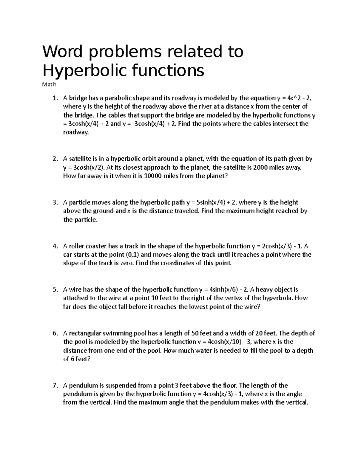 Word problems related to Hyperbolic functions Word problems related