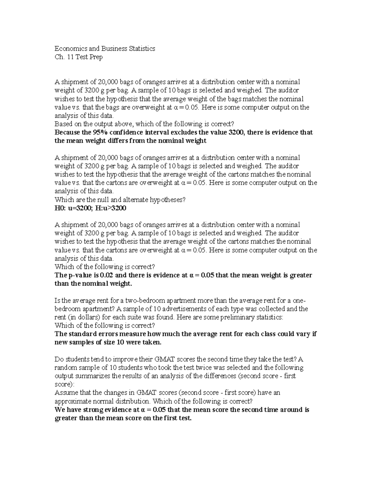 Economics and Business Statistics Ch. 11 Test Prep - Economics and ...