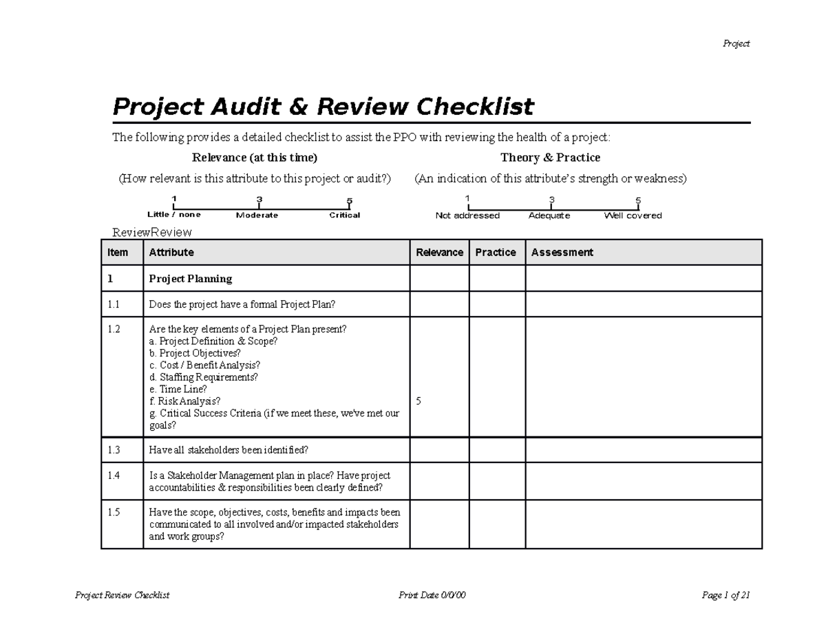 Project Review Checklist - Project Audit & Review Checklist The ...