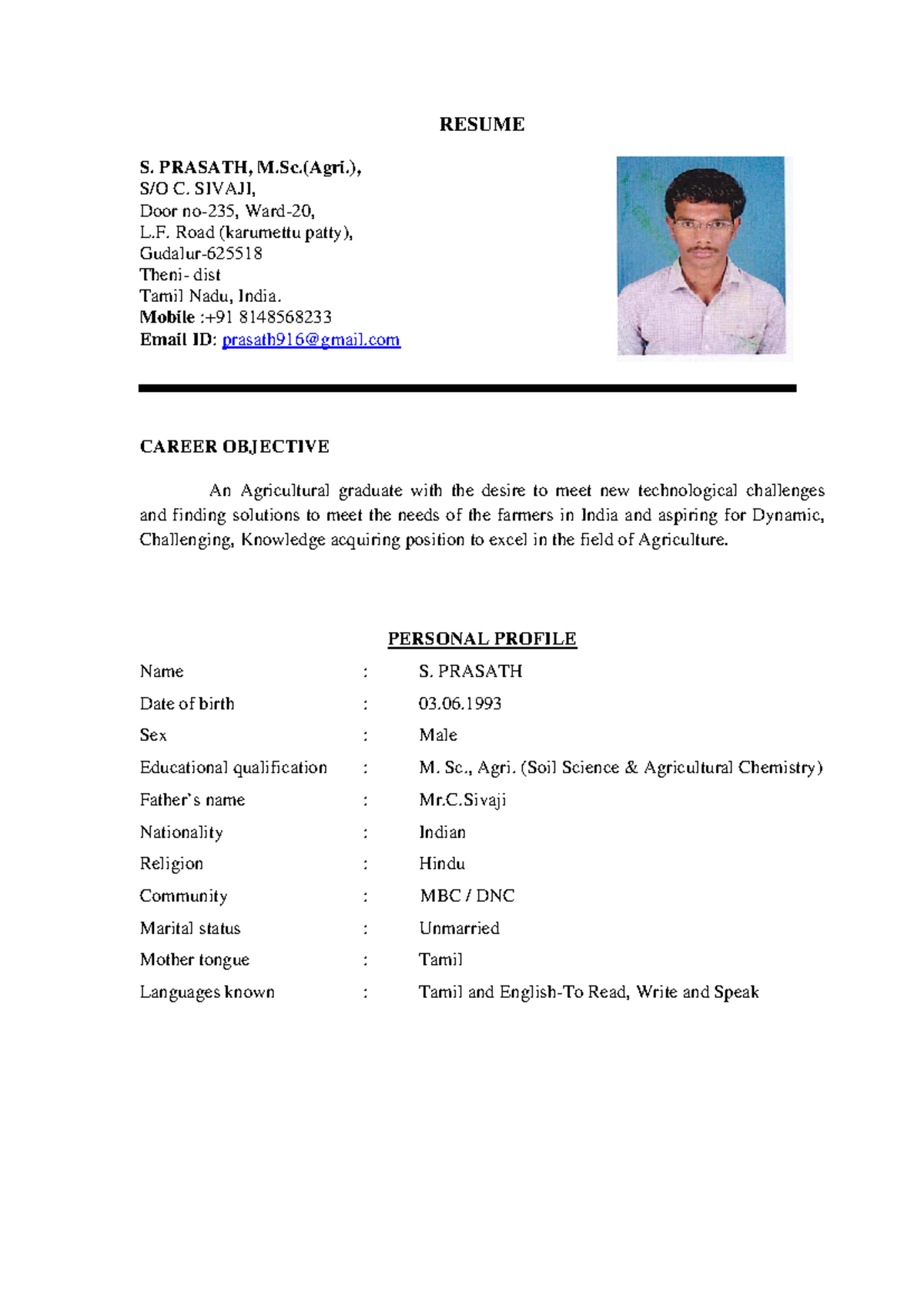 Prasath resume - RESUME S. PRASATH, M.(Agri.), S/O C. SIVAJI, Door no ...