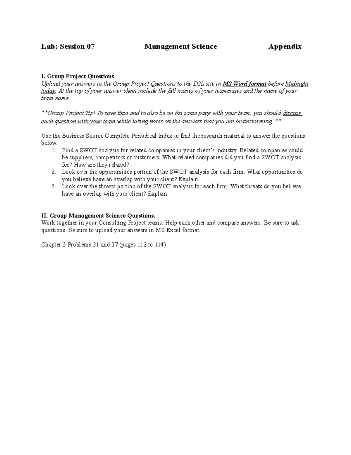 Management Science Session 7 Problem Set - Lab: Session 07 Management ...