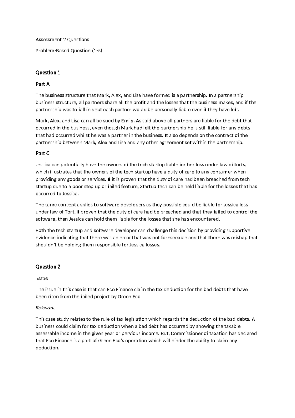 Law of business organisation - Assessment 2 Questions Problem-Based ...