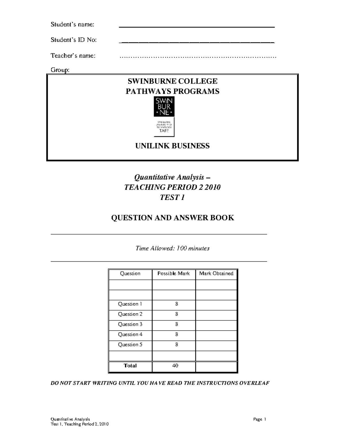 QA short test practice (some areas) - Quantitative Analysis Page 1 ...