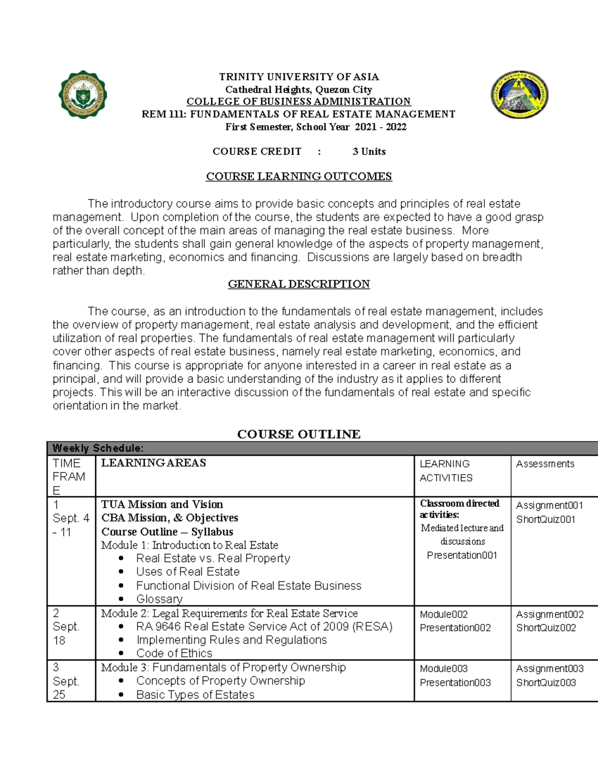 REM111 Course Outline Syllabus Fund. of RE Mgmt 2020-21 - TRINITY ...