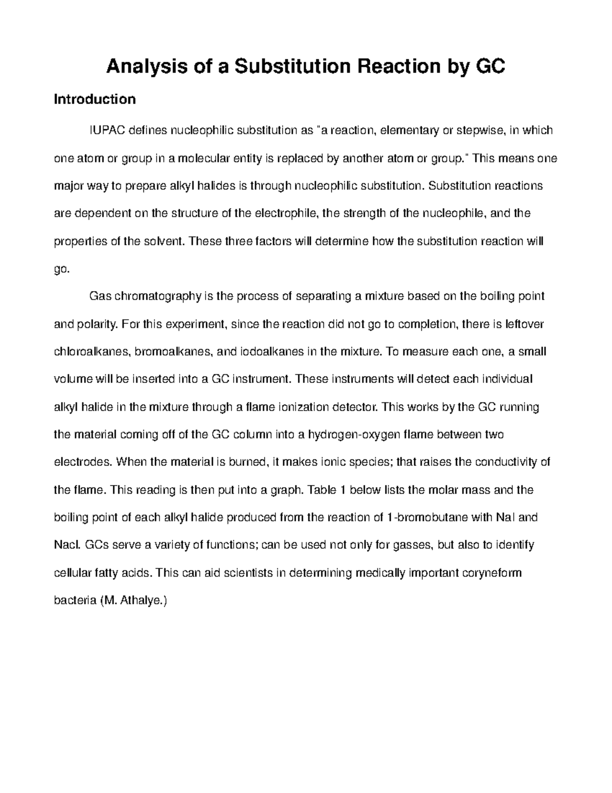 Experiment 5 lab report - Analysis of a Substitution Reaction by GC ...