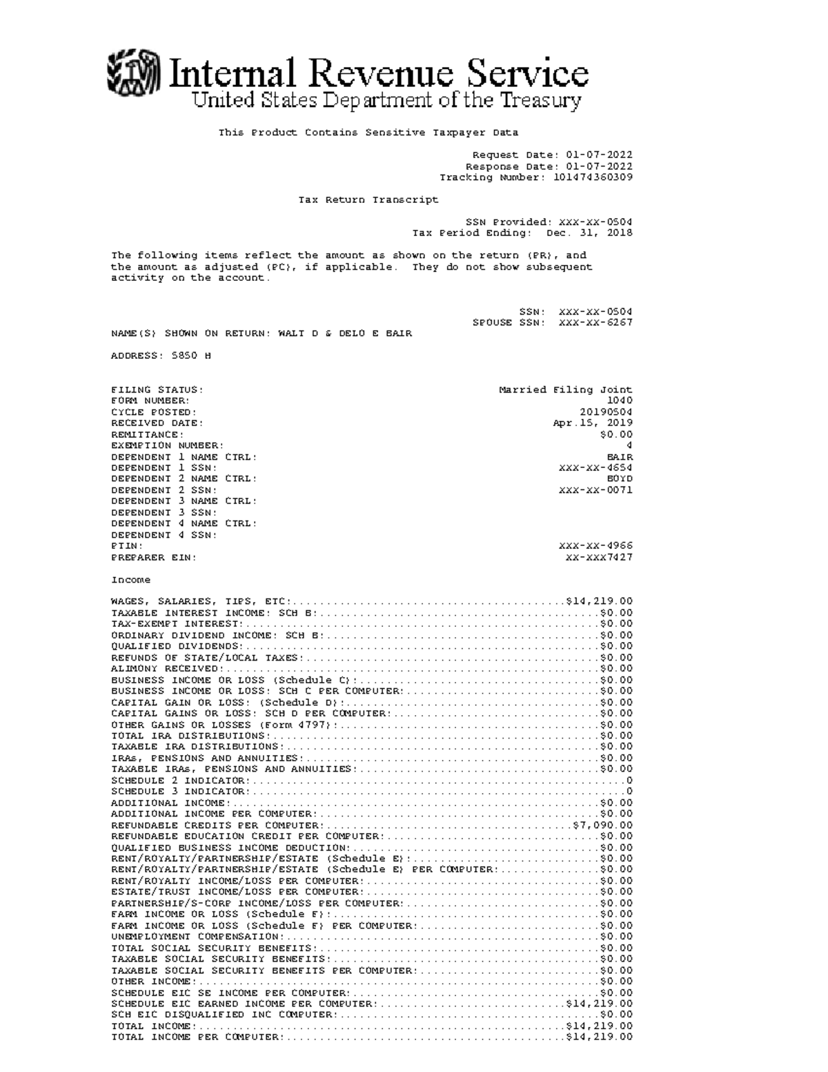 2018 12 Tax Return Transcript BAIR 101474360309 mfj2018 - This Product ...