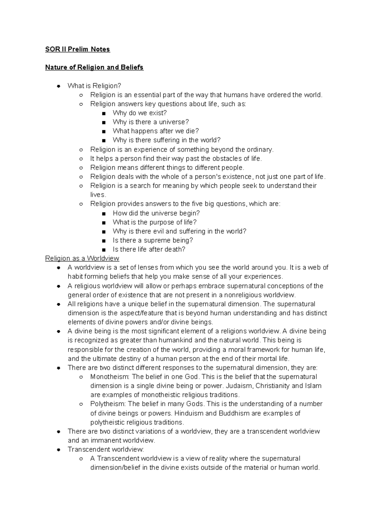SOR II Prelim Notes - SOR II Prelim Notes Nature of Religion and ...