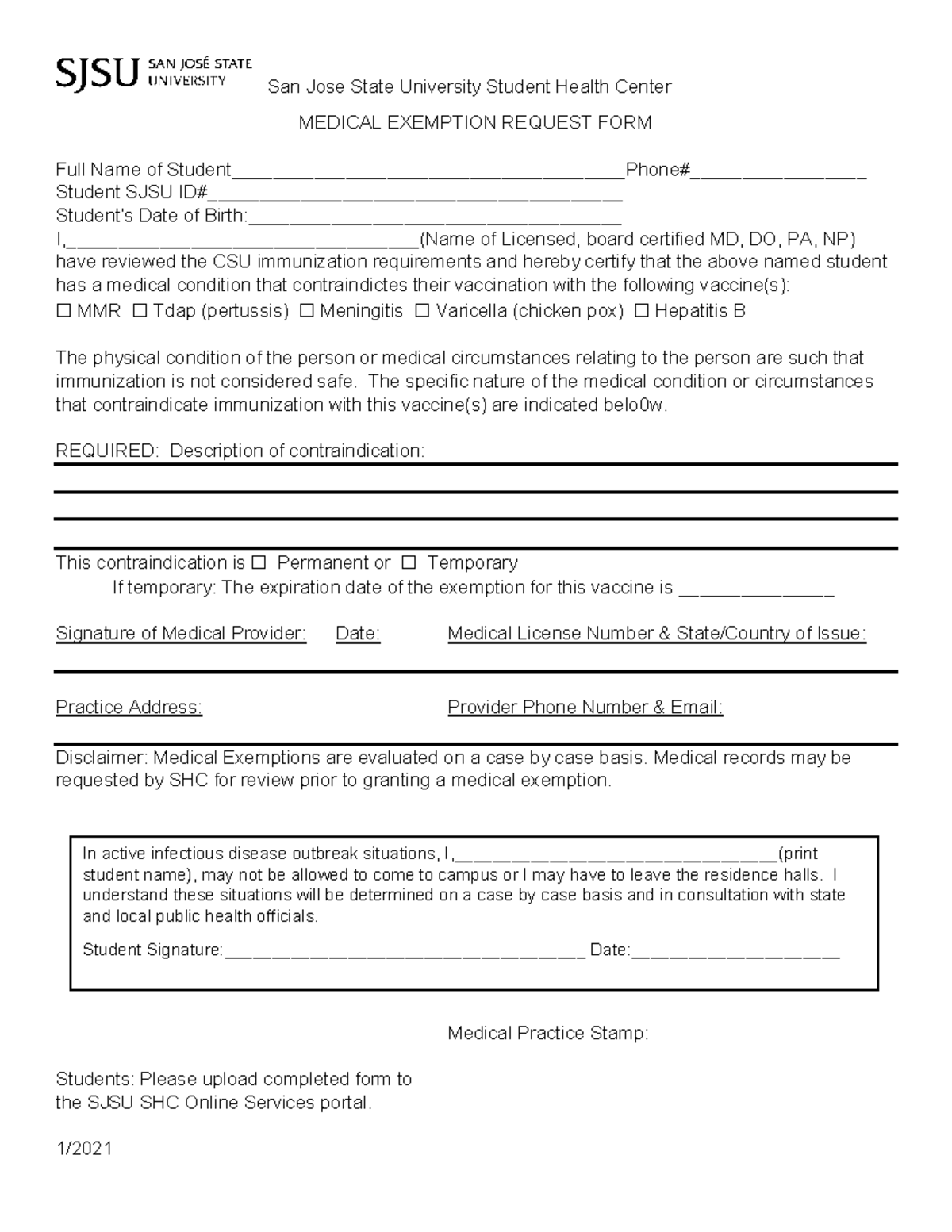 SJSU SHC Medical Exemption form San Jose State University Student