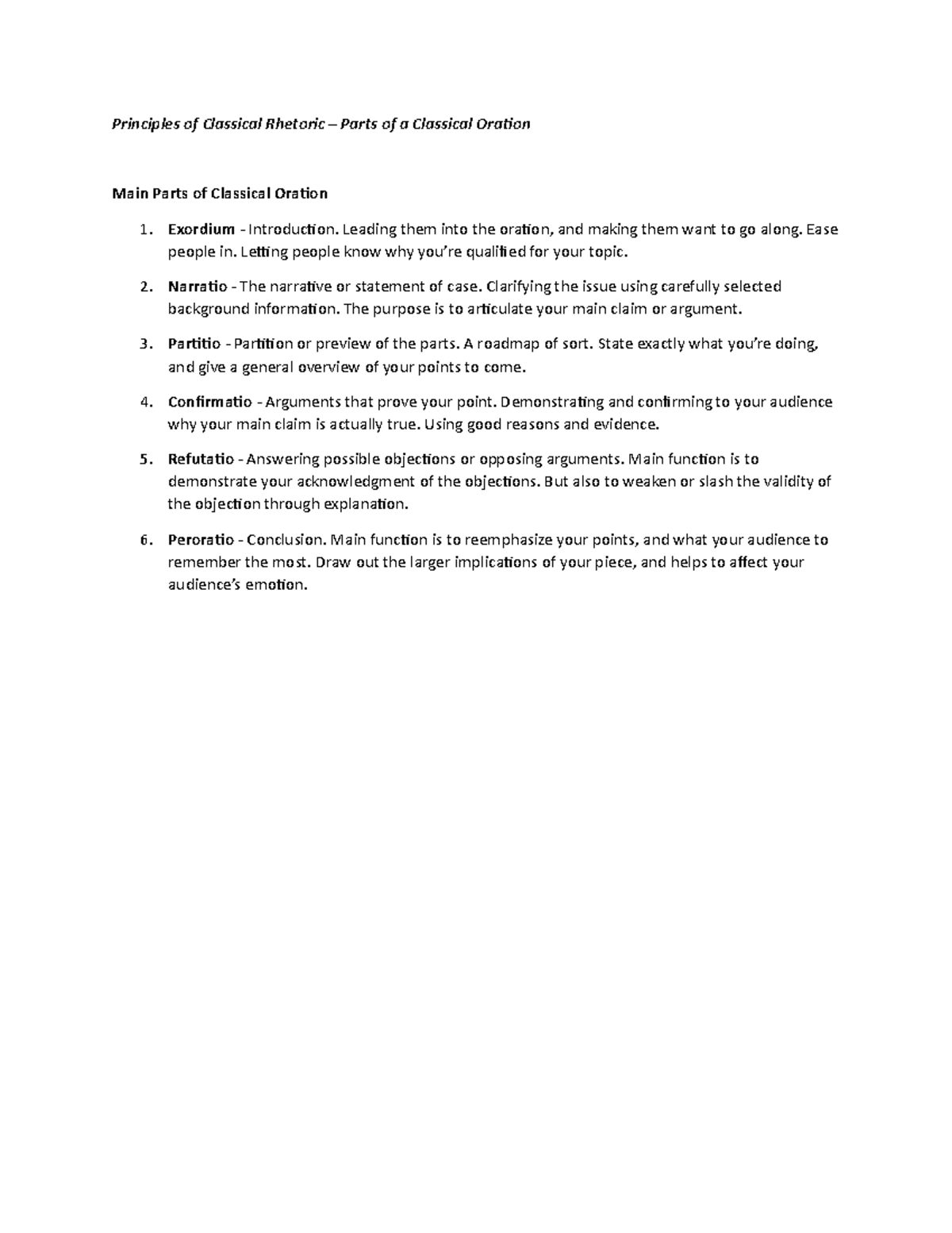 Parts of Classical Oration Principles of Classical Rhetoric Parts