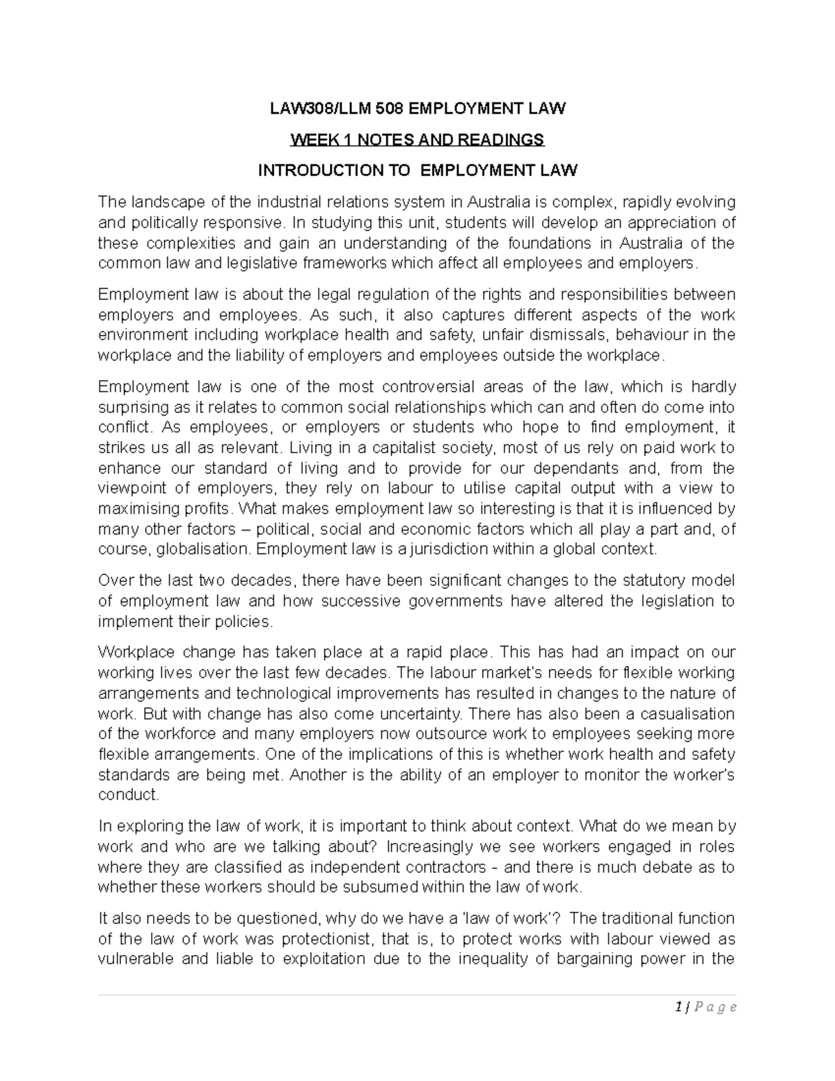 Week 1 Notes - LAW308/LLM 508 EMPLOYMENT LAW WEEK 1 NOTES AND READINGS ...