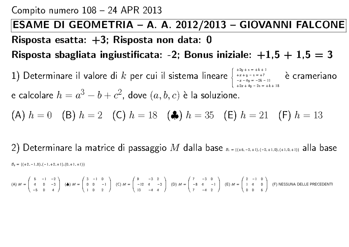 Esame 24 Aprile 2013, domande+risposte - Algebra Lineare - Tema 108