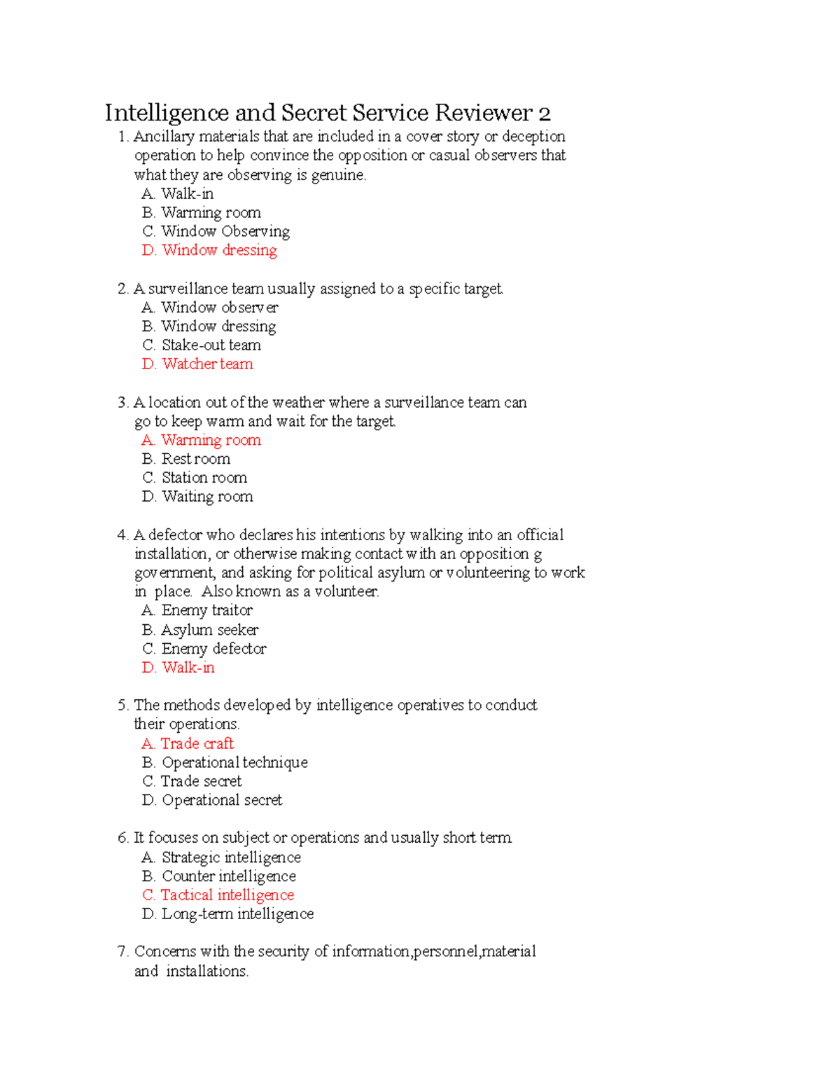 Intelligence and Secret Service Reviewer 2 - A. Walk-in B. Warming room ...