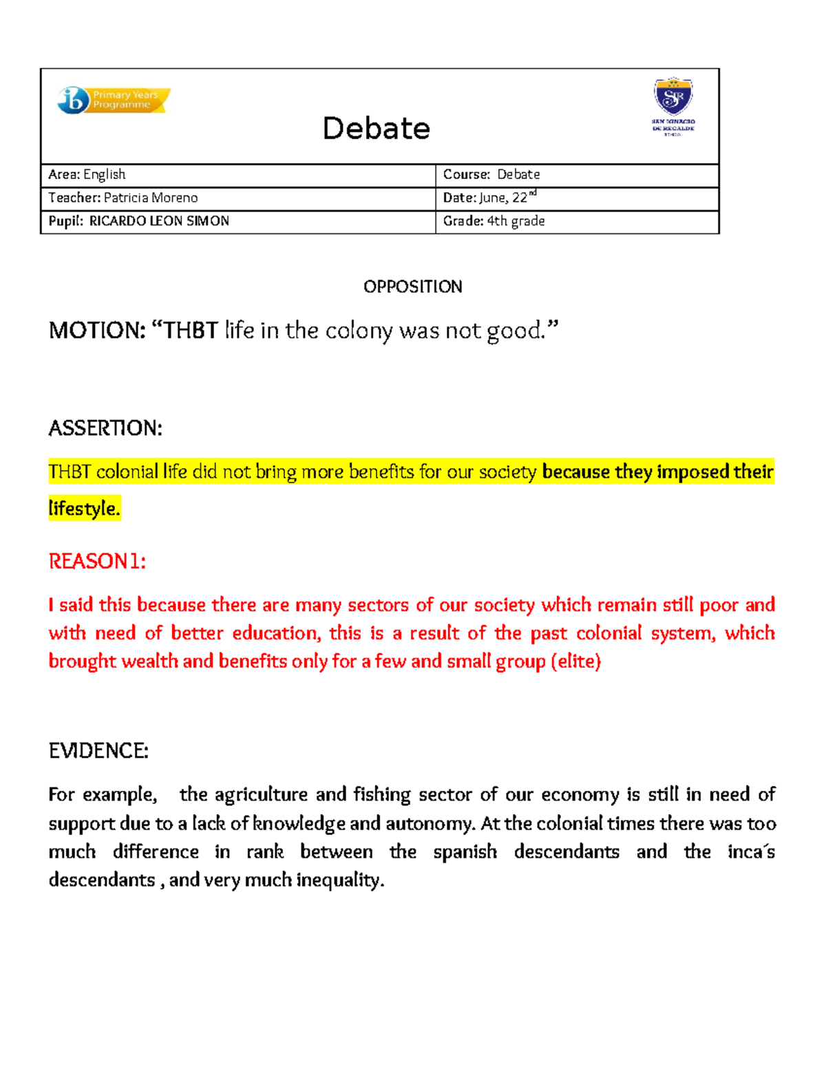 Ricardo - Lecture notes 1 - Debate Area: English Course: Debate Teacher ...
