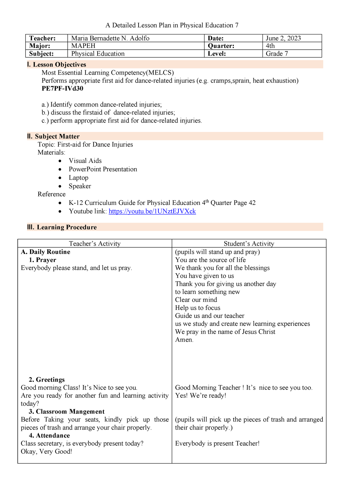 Detailed Lesson Plan P.E. 7 - A Detailed Lesson Plan in Physical ...