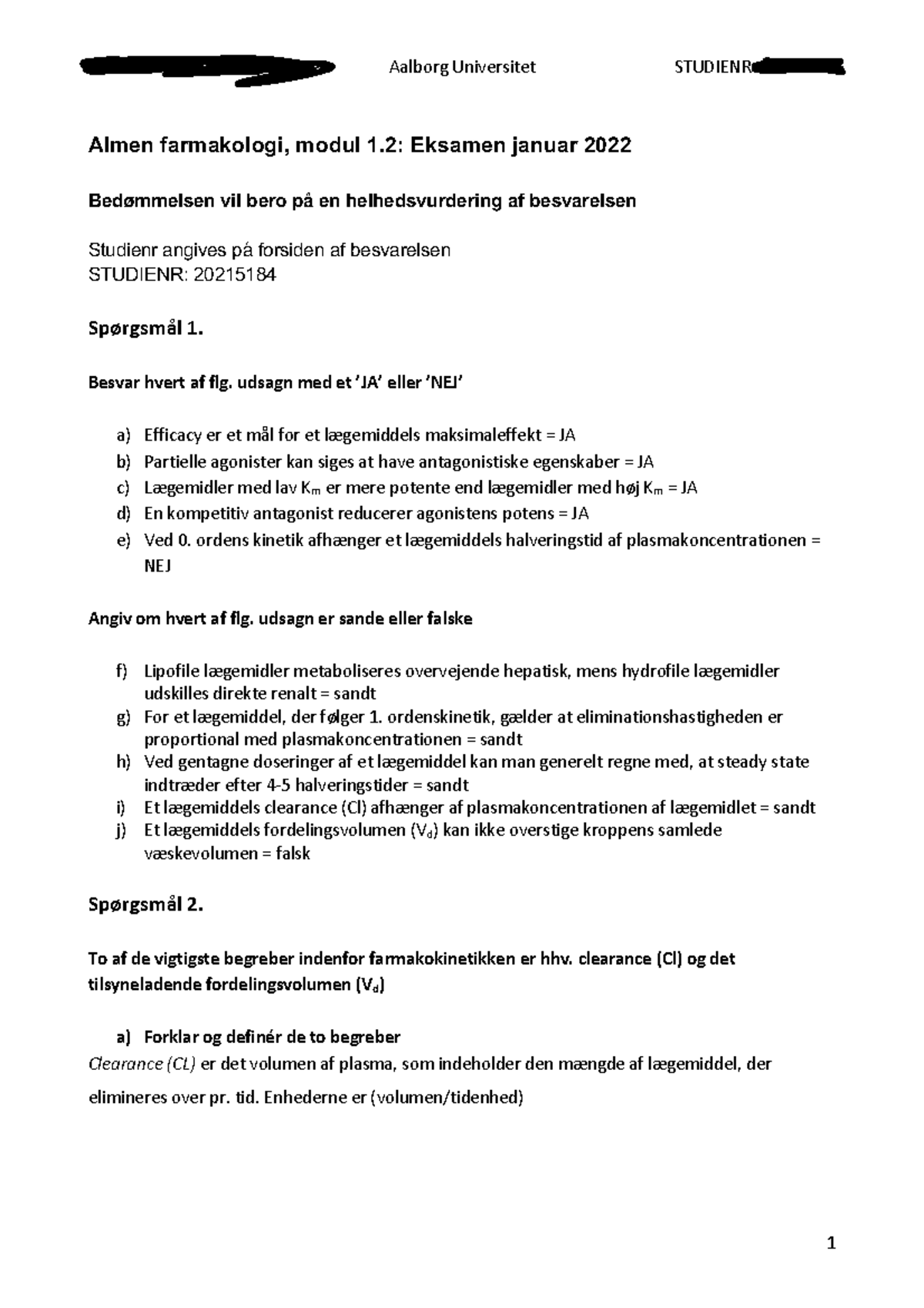 Farmakologi Eksamen 1. Semester AAU - Almen Farmakologi, Modul 1 ...