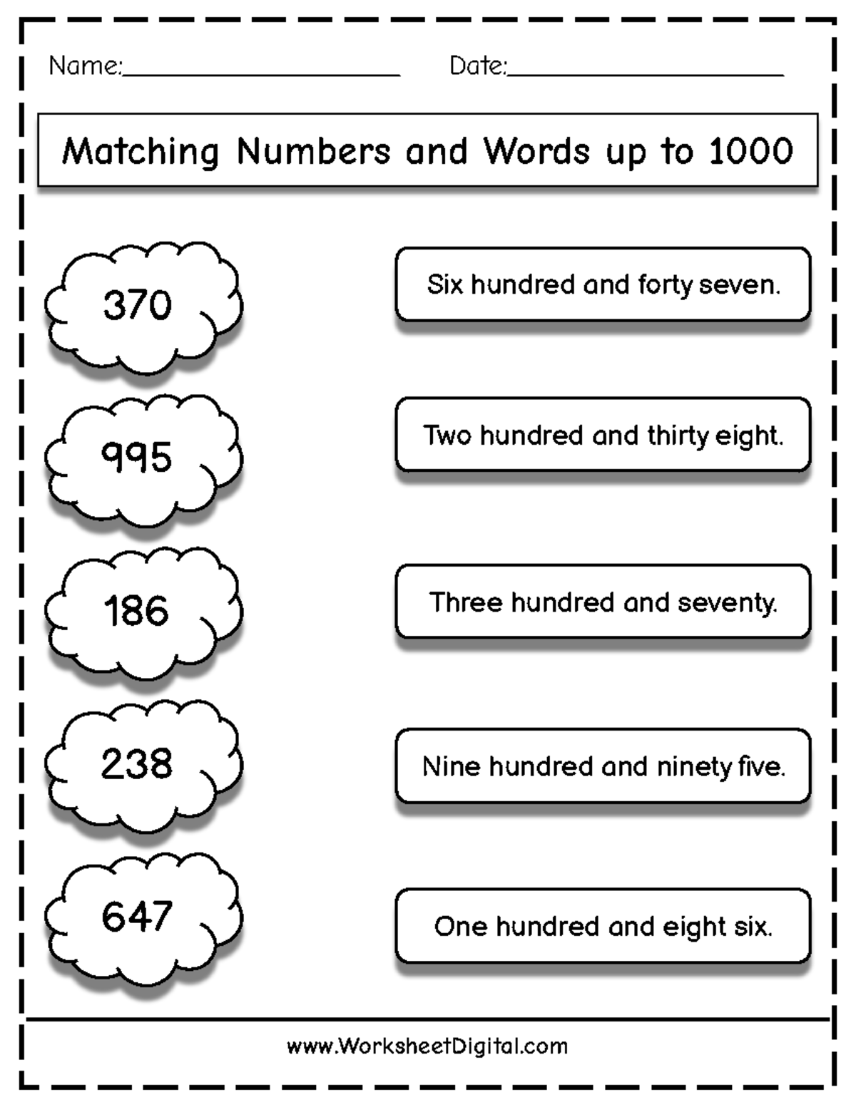 Worksheet with answers - Mathematics - Matching Numbers and Words up to ...