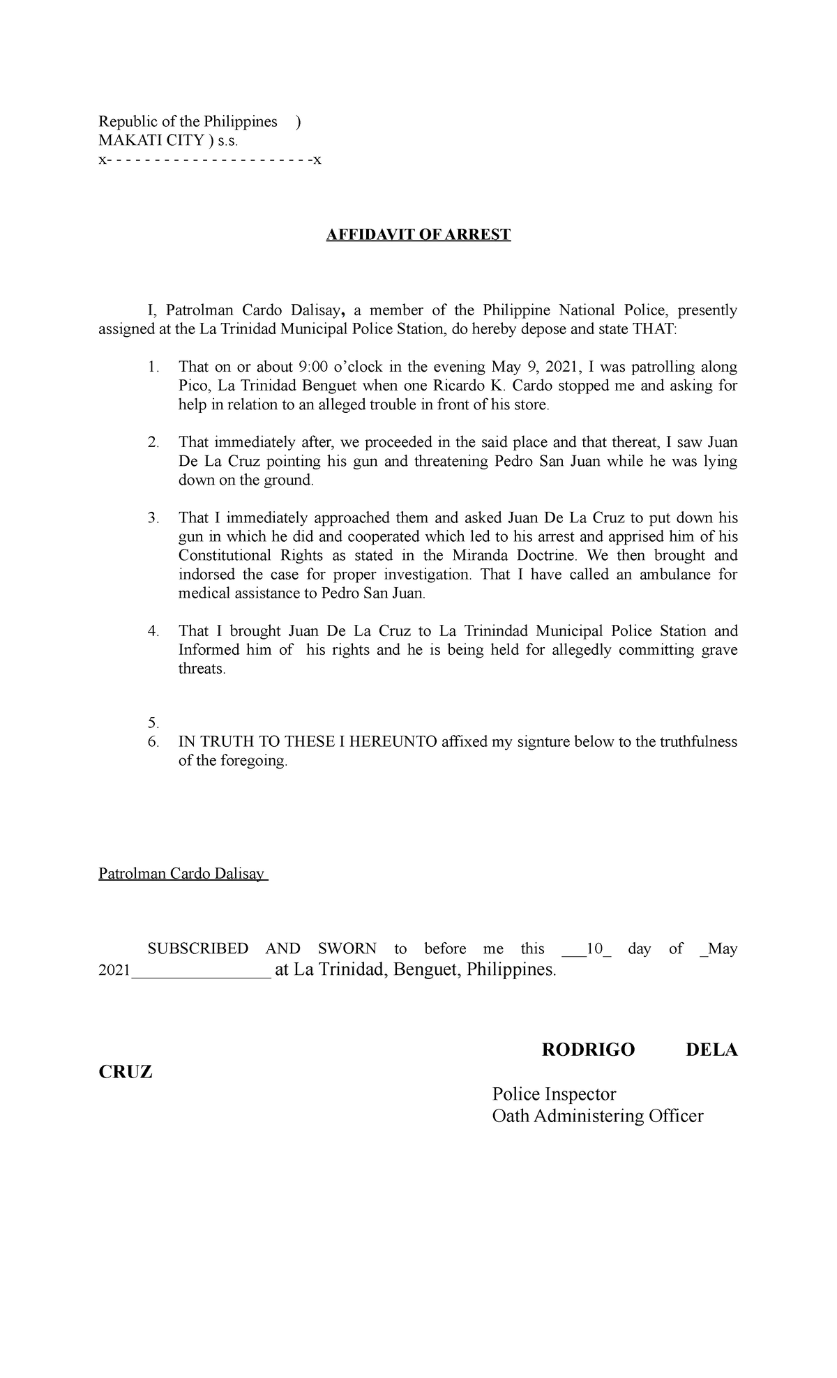 249617263 Affidavit of Arrest - Republic of the Philippines ) MAKATI ...