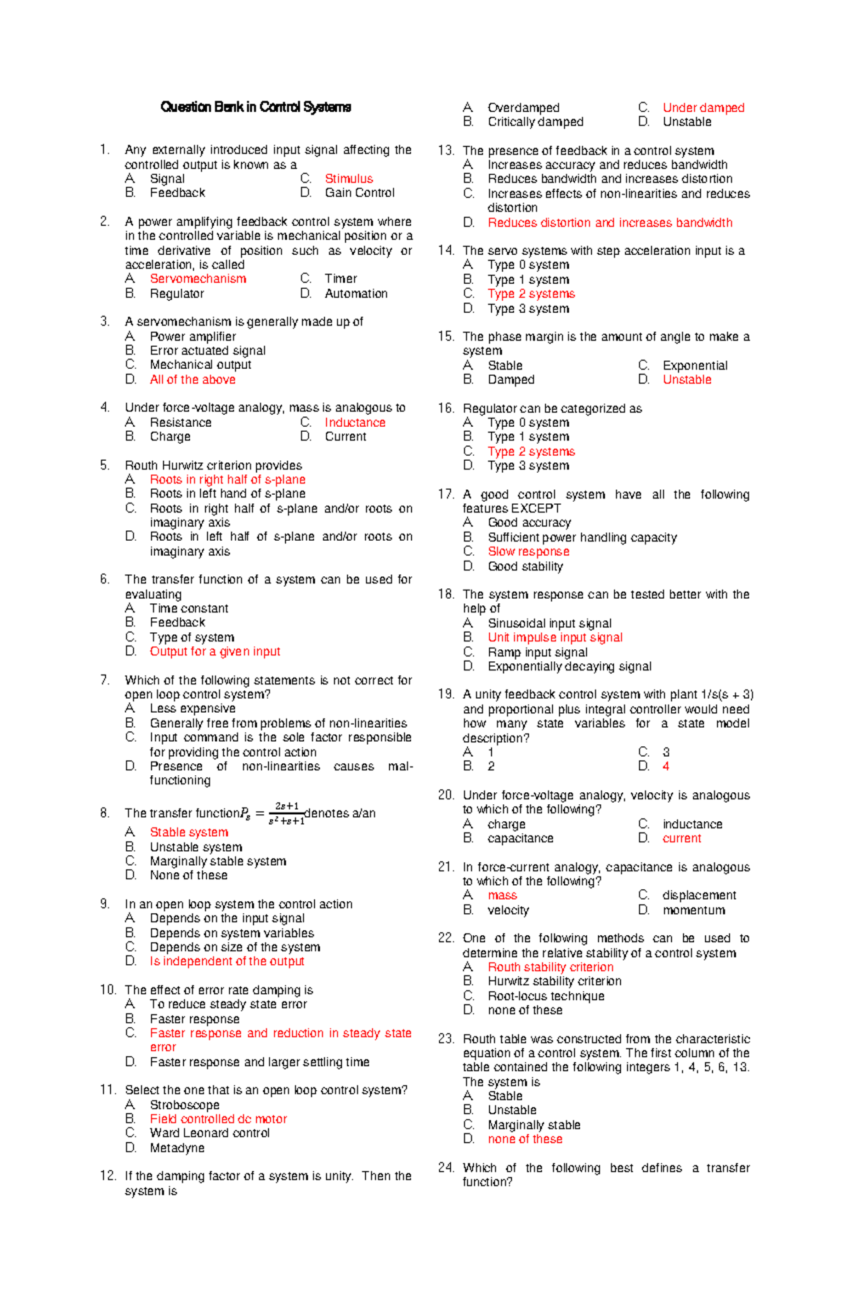 Question Bank in Control Systems - Signal C. Stimulus B. Feedback D ...