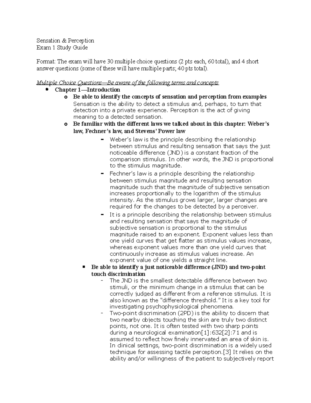 Exam 1 Study Guide 2020 S & P - Sensation & Perception Exam 1 Study ...