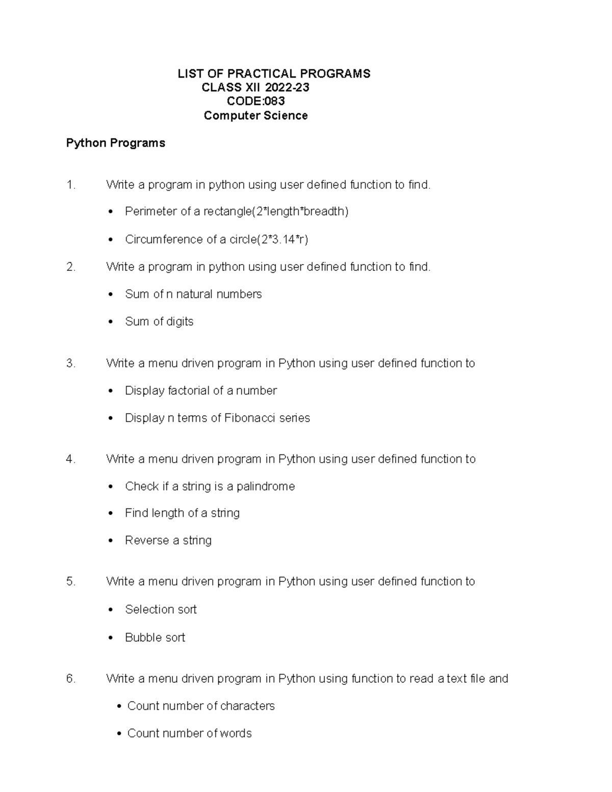 List of practical programs(python) xii 2022-23 - LIST OF PRACTICAL ...