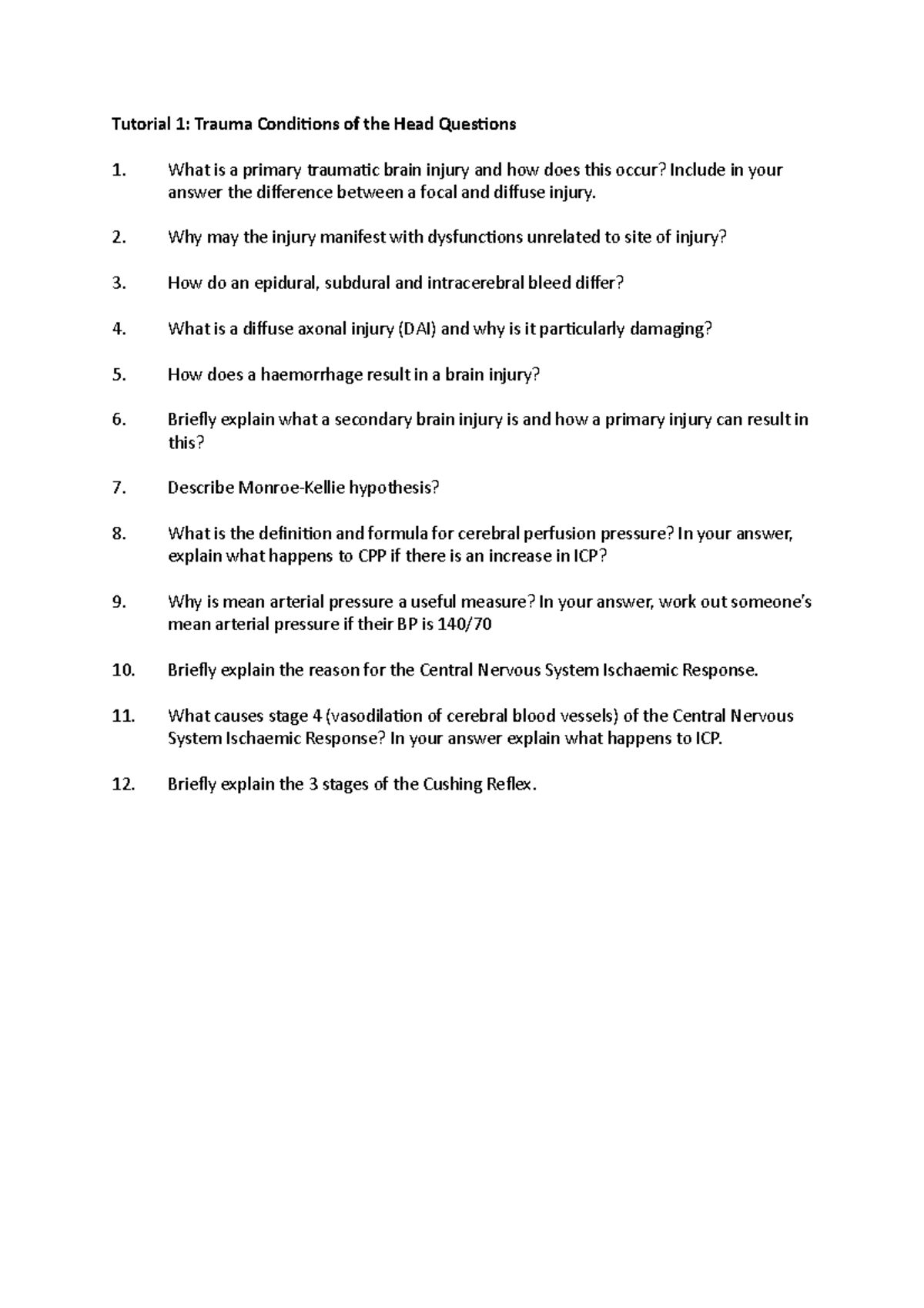 Lecture 1 Study Questions. Trauma Conditions of the Head - Tutorial 1 ...