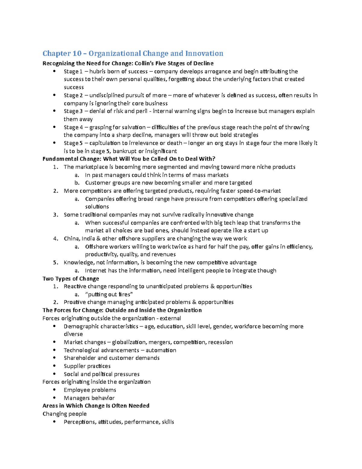 Chapter 10 - Lecture notes 10 - Chapter 10 – Organizational Change and ...