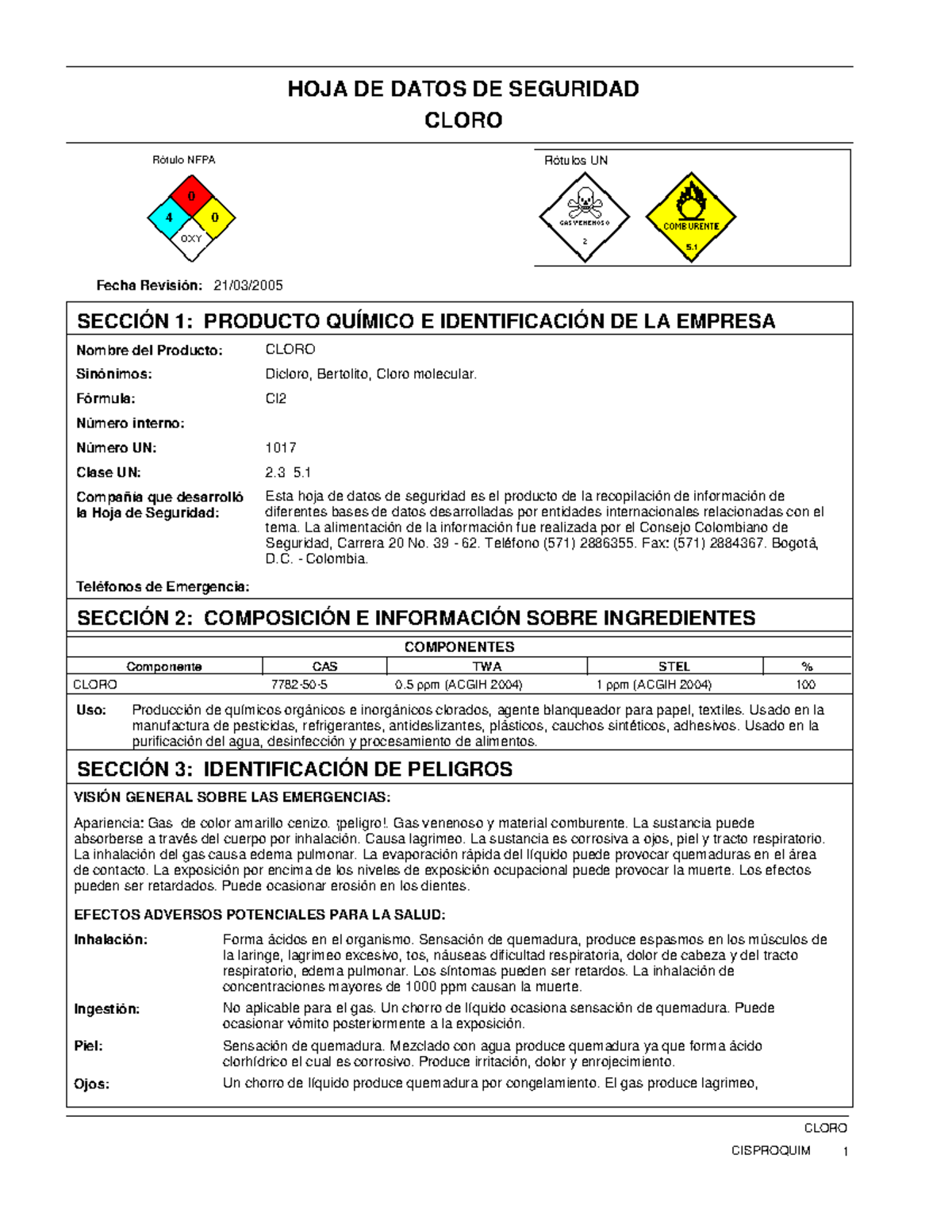 Hoja-de-seguridad-del-cloro compress - HOJA DE DATOS DE SEGURIDAD CLORO ...