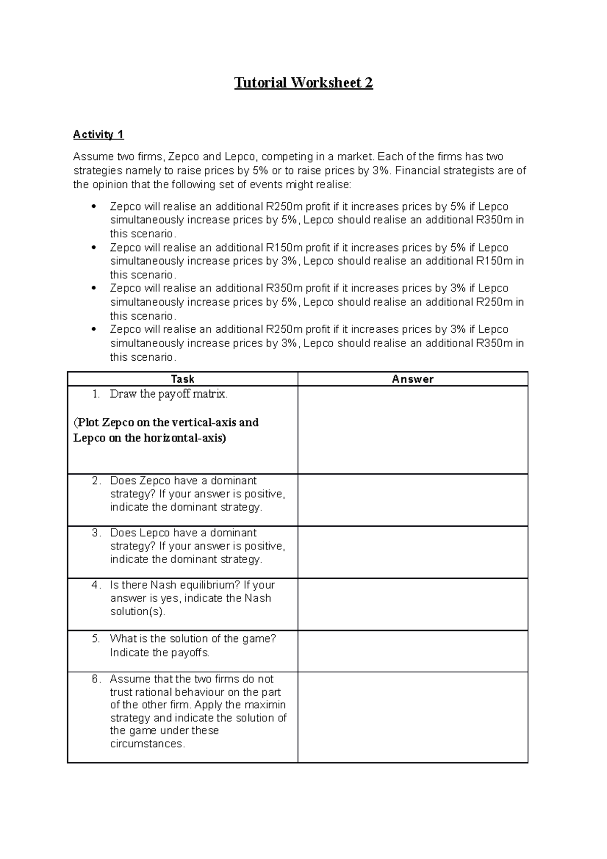 ECO 2B Tutorial Worksheet 2 - Tutorial Worksheet 2 Activity 1 Assume ...