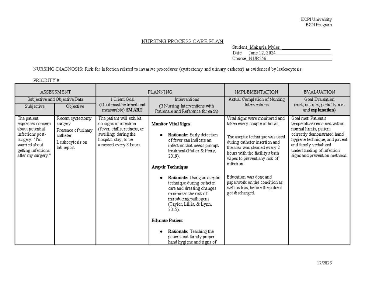 Medsurge careplan 1 - ECPI University BSN Program NURSING PROCESS CARE ...