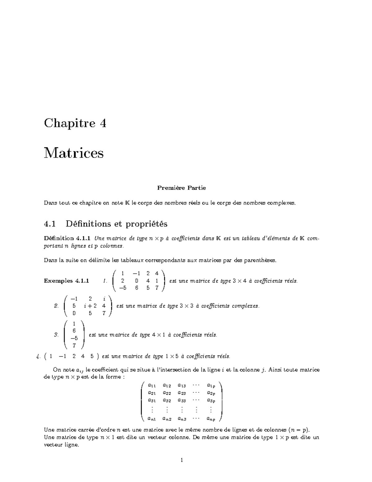 Chapitre 4-partie 1 - Matrices - Chapitre 4 Matrices Première Partie ...