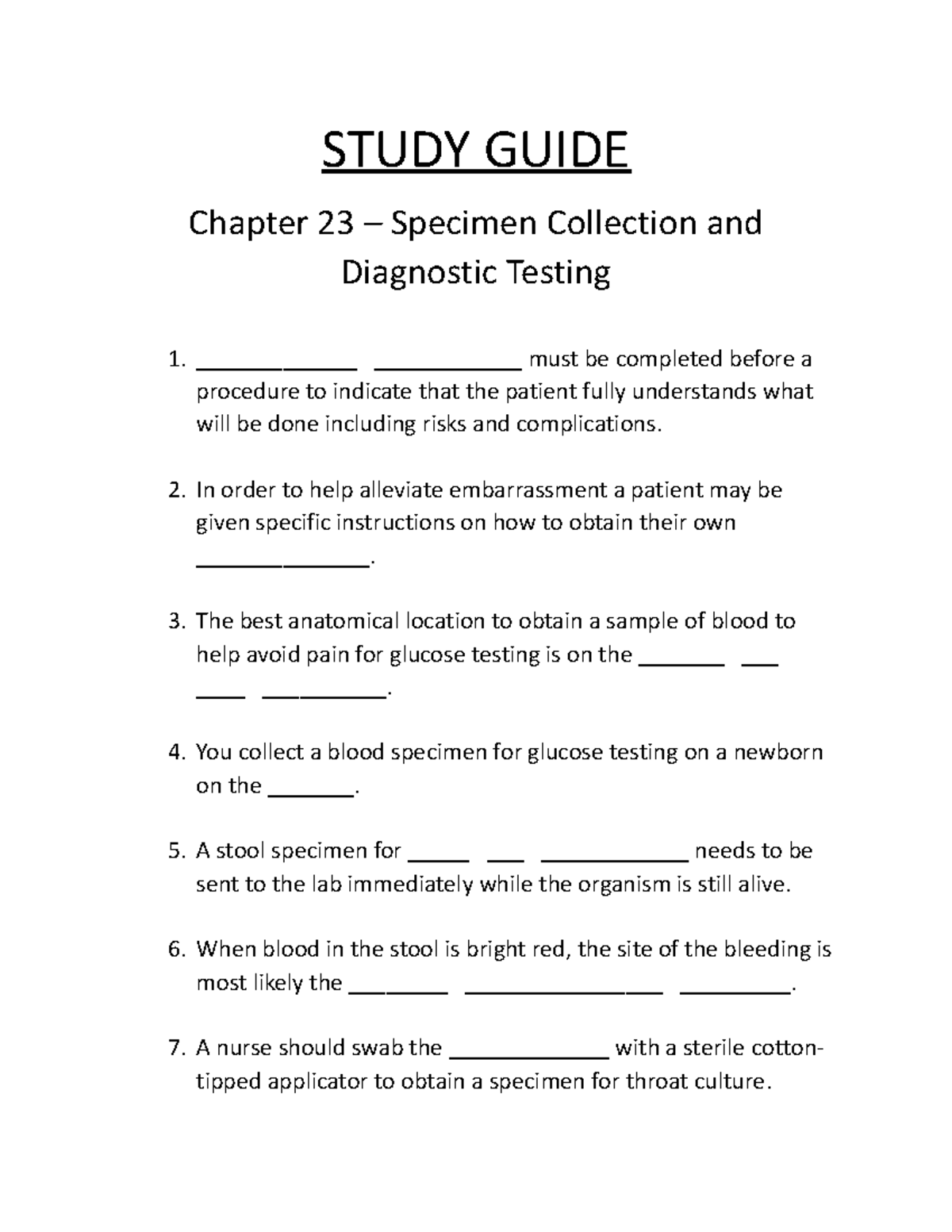 Study Guide Chapter 23 STUDY GUIDE Chapter 23 Specimen Collection