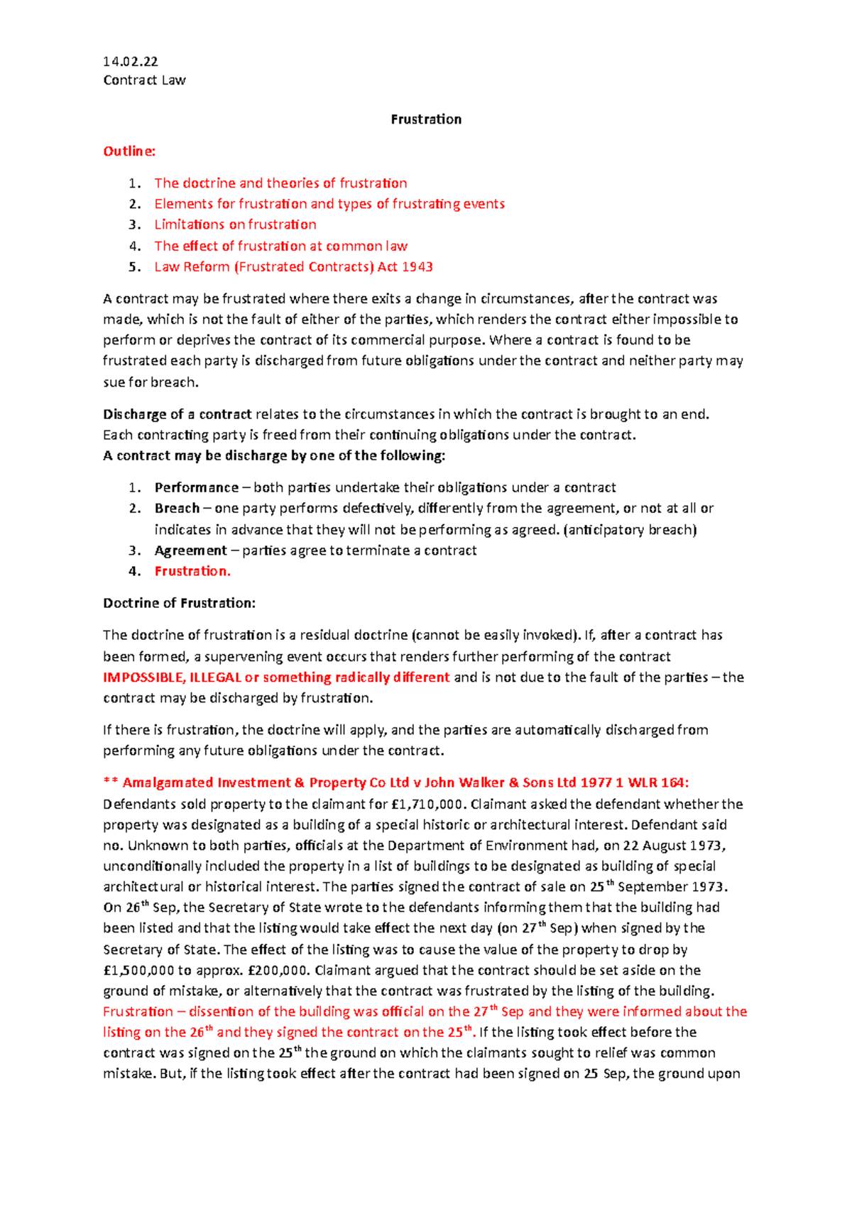 Frustration Notes Revision - Contract Law Frustration Outline: The ...