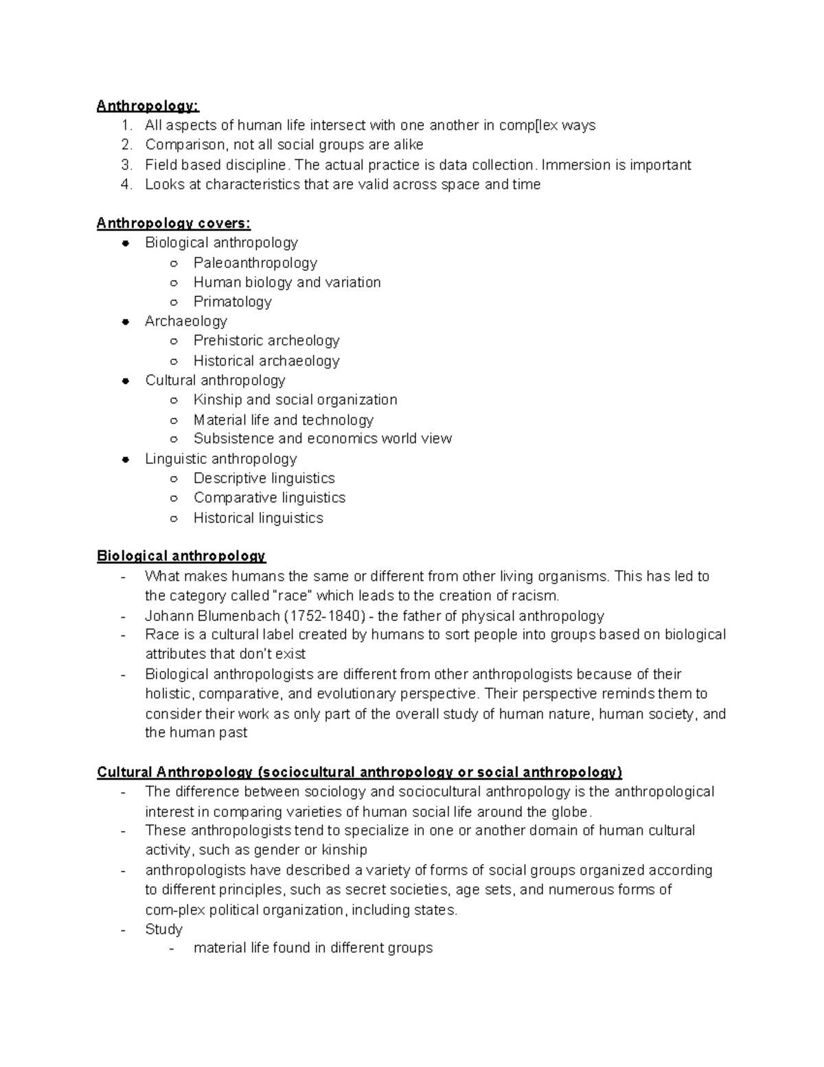 Chapter 1 - Textbook Notes - Anthropology: 1. All aspects of human life ...