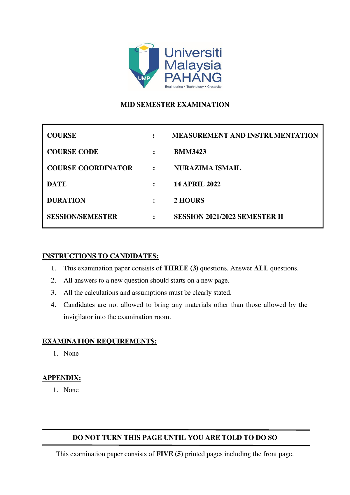 Question Paper Midterm BMM3423 - DO NOT TURN THIS PAGE UNTIL YOU ARE ...