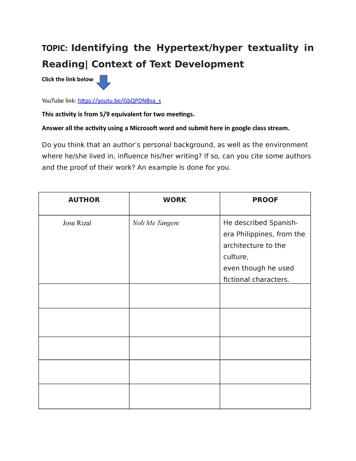 Activity in reading and writing TOPIC Identifying the Hypertext